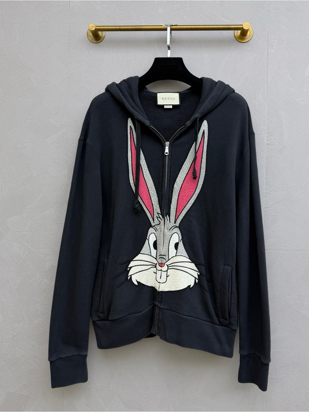 Steal Gucci Black Bunny Zip Hoodie With Pink Ear Detail